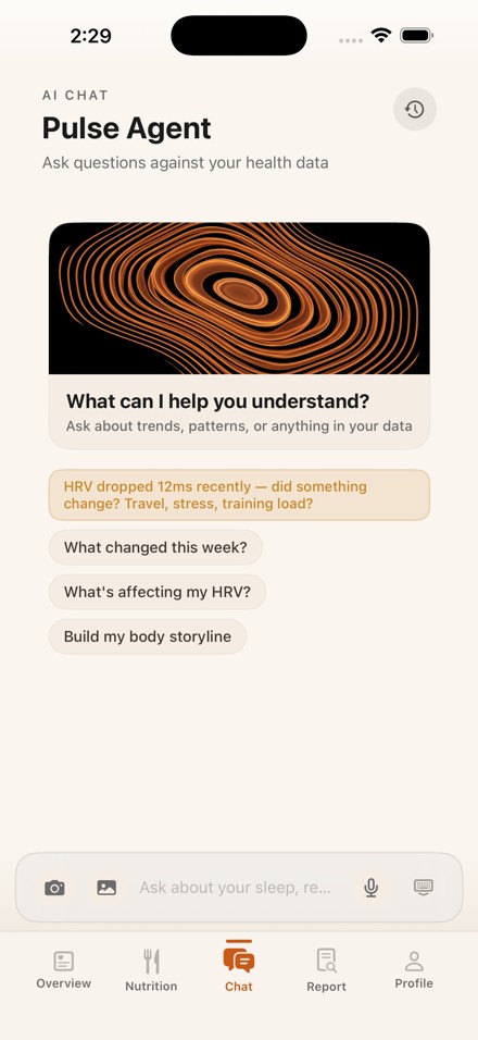 ondai in conversation, light mode, with suggested prompts for analyzing health trends and HRV